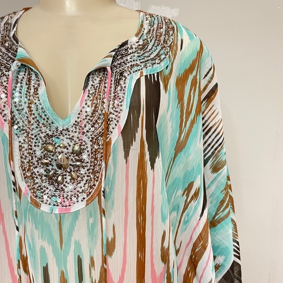Anthropologie Beach Boho Hippie Embellished V-Neck Turquoise Tie Dye‎ kimono - Picture 3 of 13